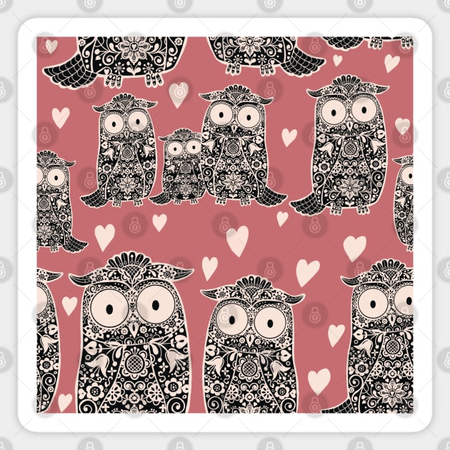 Folk Art Owls, Owlets and Hearts on Rose Pink Sticker by NattyDesigns